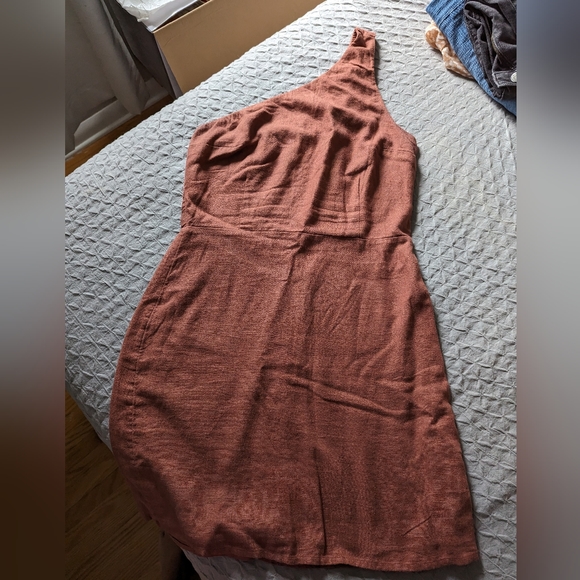 Abercrombie & Fitch Linen Blend One Shoulder Mini Dress , Terracotta, Medium - Picture 3 of 4